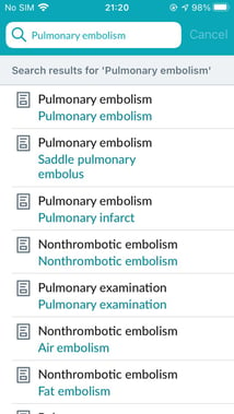 Image of search results in the AMBOSS apps for medical students during clinical rotations