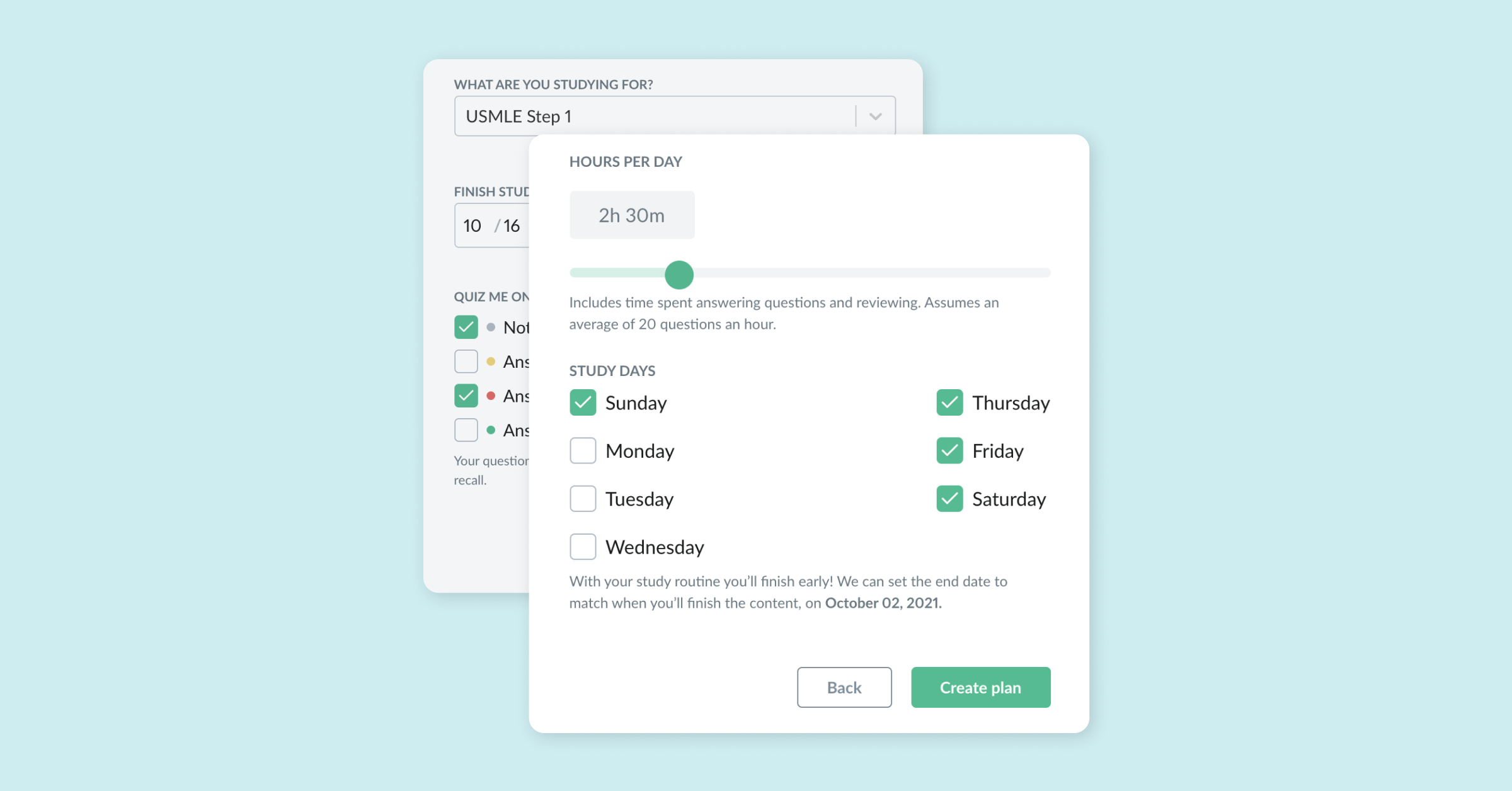 The image shows all the options you can select to create a study plan in the AMBOSS platform.