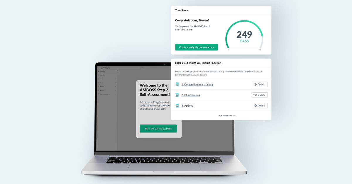 A laptop shows results from the AMBOSS Step 2 CK Self-Assessment